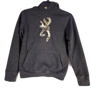 Browning Hoodie Youth Size Large Cabin Core Charcoal Gray Camo Logo Graphic Logo